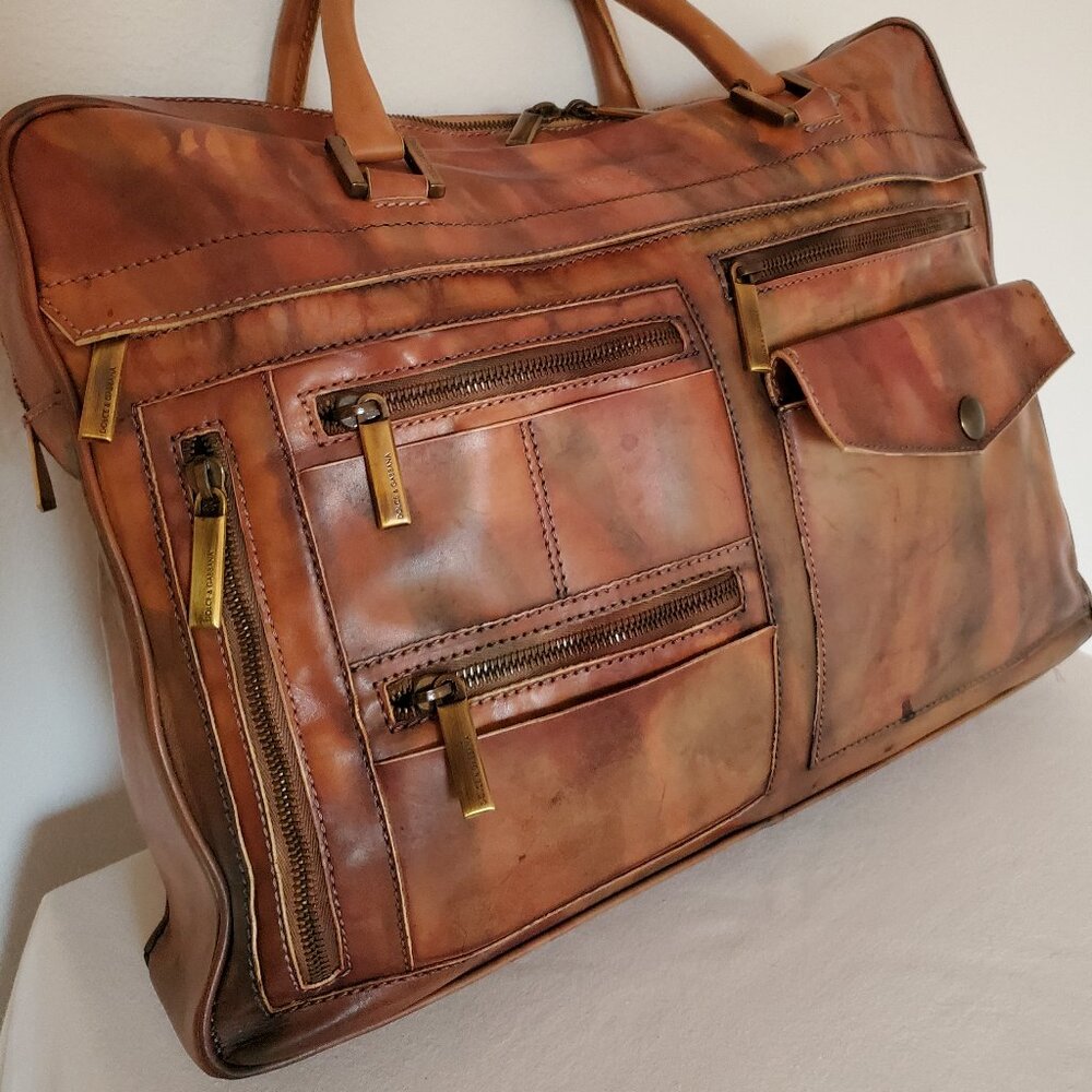 D&G leather briefcase laptop bag vintage painted dyed camo brown green gray blac
